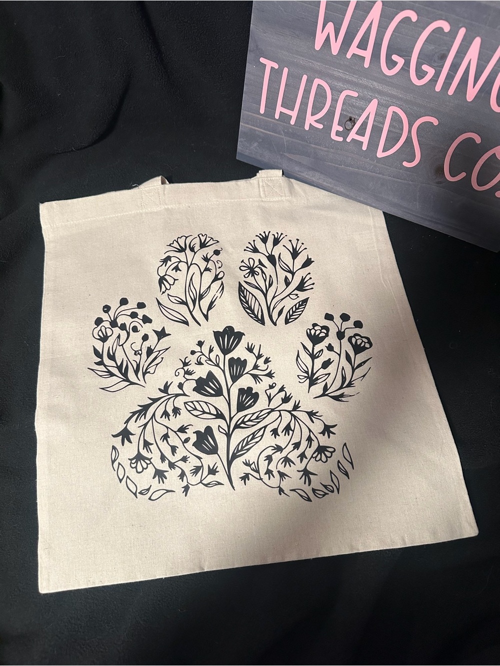 Black Floral Paw Print Tote